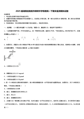 2025届湖南省衡阳市樟树中学物理高一下期末监测模拟试题含解析