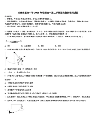 株洲市重点中学2025年物理高一第二学期期末监测模拟试题含解析