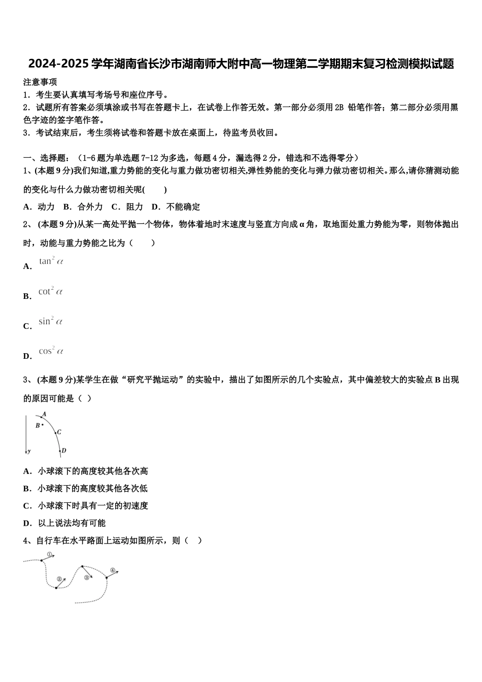 2024-2025学年湖南省长沙市湖南师大附中高一物理第二学期期末复习检测模拟试题含解析_第1页