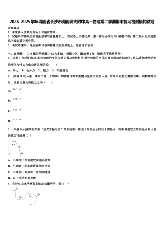 2024-2025学年湖南省长沙市湖南师大附中高一物理第二学期期末复习检测模拟试题含解析
