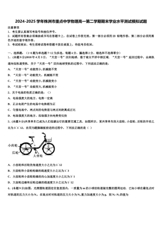 2024-2025学年株洲市重点中学物理高一第二学期期末学业水平测试模拟试题含解析
