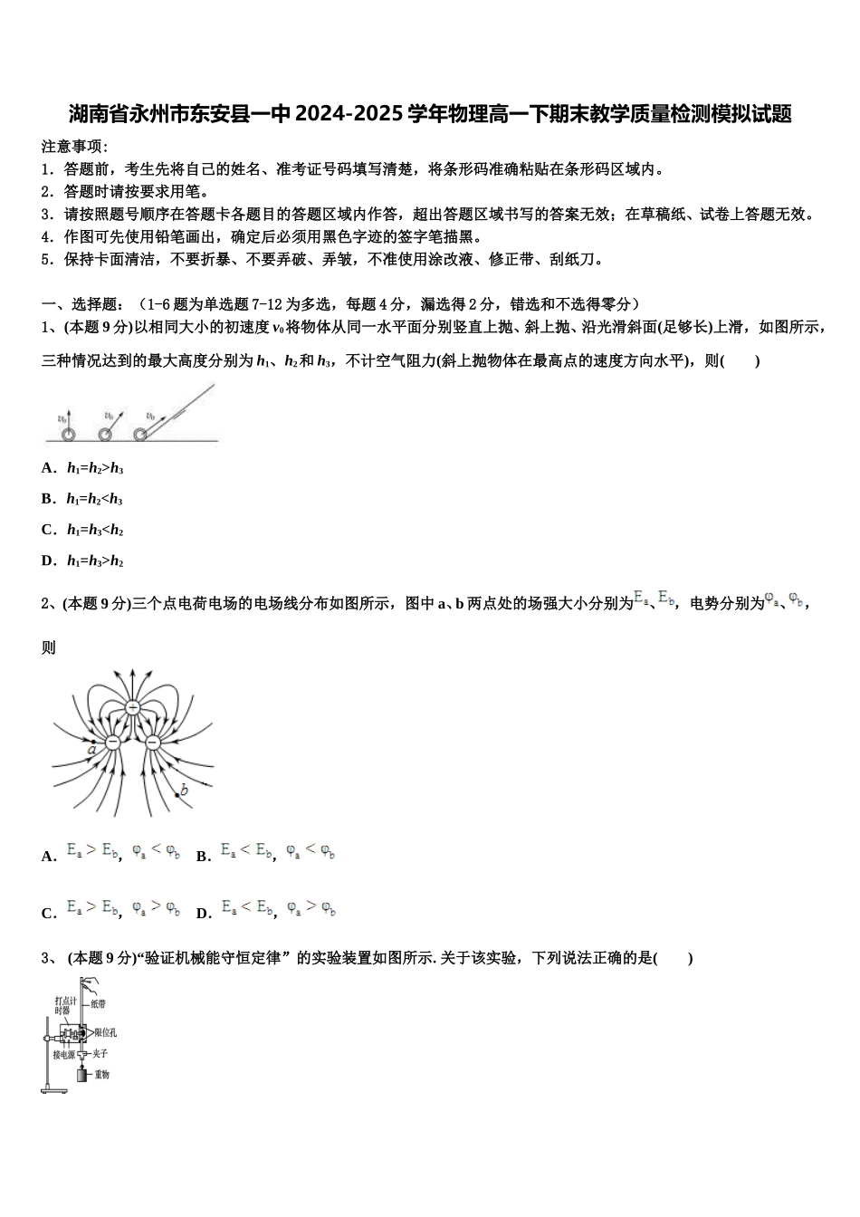 湖南省永州市东安县一中2024-2025学年物理高一下期末教学质量检测模拟试题含解析_第1页