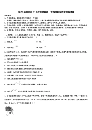 2025年湖南省G10教育联盟高一下物理期末统考模拟试题含解析