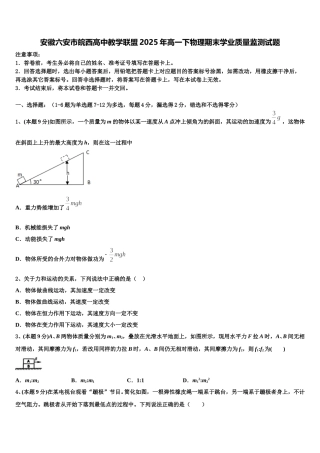 安徽六安市皖西高中教学联盟2025年高一下物理期末学业质量监测试题含解析