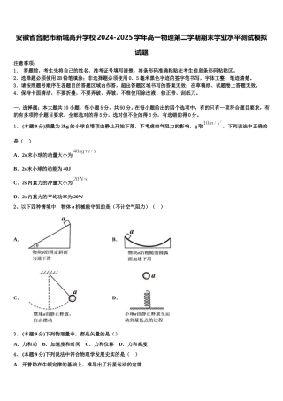 安徽省合肥市新城高升学校2024-2025学年高一物理第二学期期末学业水平测试模拟试题含解析