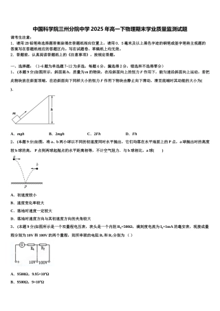 中国科学院三州分院中学2025年高一下物理期末学业质量监测试题含解析