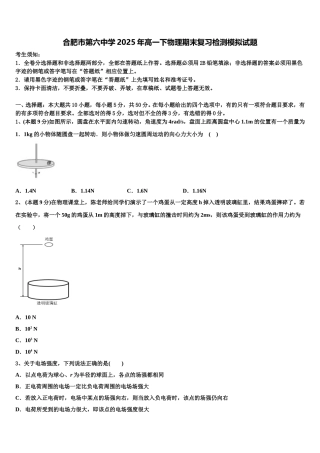 合肥市第六中学2025年高一下物理期末复习检测模拟试题含解析