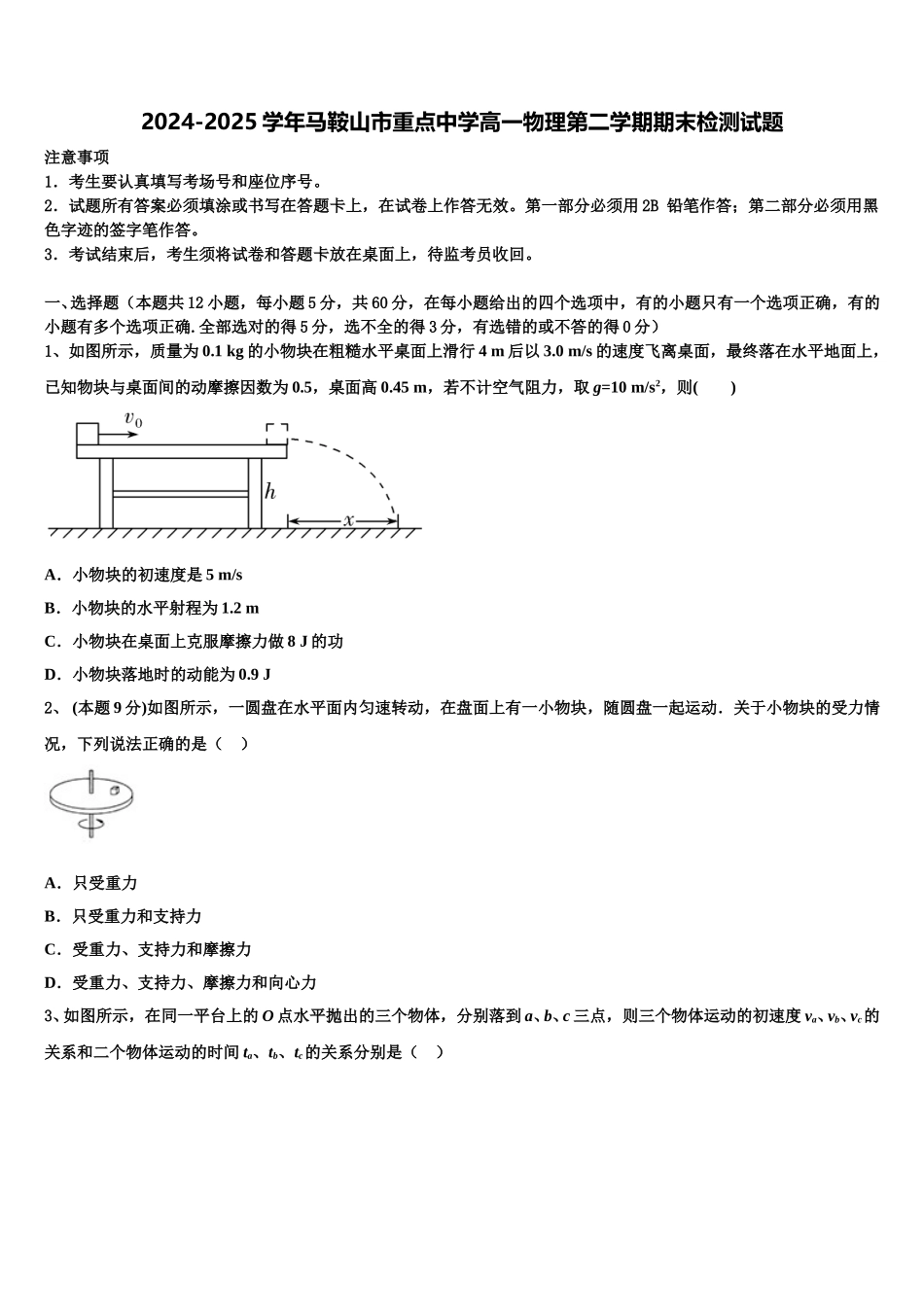 2024-2025学年马鞍山市重点中学高一物理第二学期期末检测试题含解析_第1页