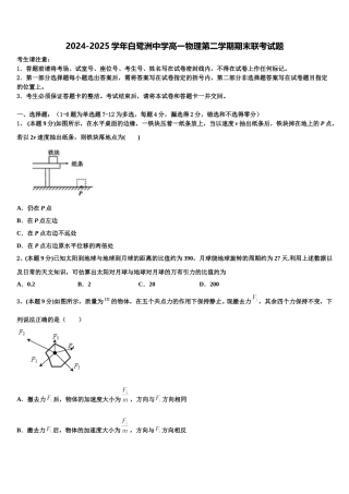 2024-2025学年白鹭洲中学高一物理第二学期期末联考试题含解析