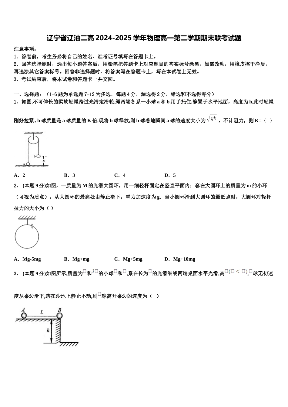 辽宁省辽油二高2024-2025学年物理高一第二学期期末联考试题含解析_第1页