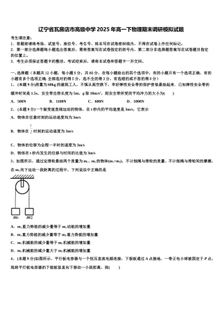 辽宁省瓦房店市高级中学2025年高一下物理期末调研模拟试题含解析