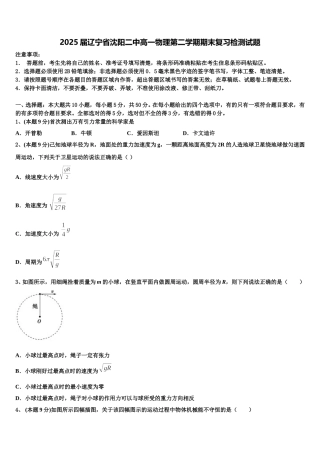 2025届辽宁省沈阳二中高一物理第二学期期末复习检测试题含解析