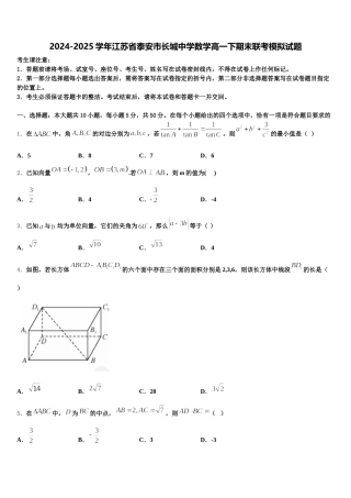 2024-2025学年江苏省泰安市长城中学数学高一下期末联考模拟试题含解析