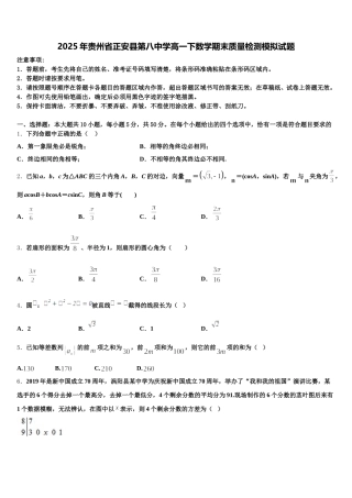 2025年贵州省正安县第八中学高一下数学期末质量检测模拟试题含解析