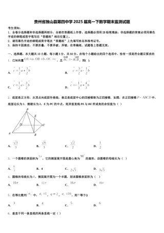 贵州省独山县第四中学2025届高一下数学期末监测试题含解析