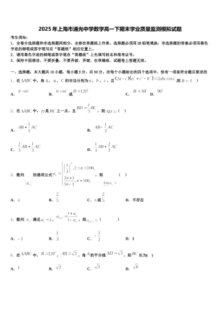 2025年上海市浦光中学数学高一下期末学业质量监测模拟试题含解析