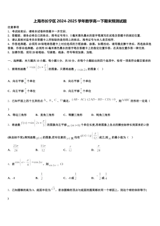 上海市长宁区2024-2025学年数学高一下期末预测试题含解析