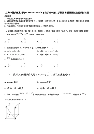 上海市静安区上戏附中2024-2025学年数学高一第二学期期末质量跟踪监视模拟试题含解析
