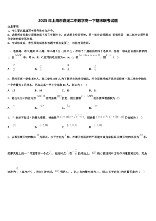 2025年上海市嘉定二中数学高一下期末联考试题含解析