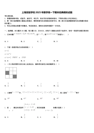 上海实验学校2025年数学高一下期末经典模拟试题含解析