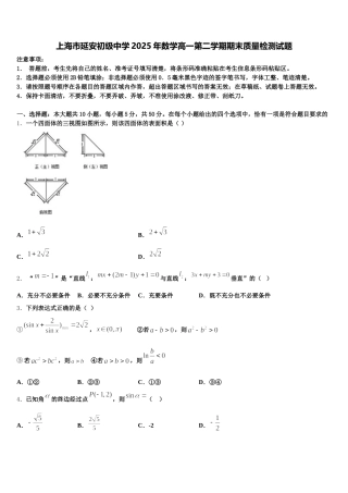 上海市延安初级中学2025年数学高一第二学期期末质量检测试题含解析