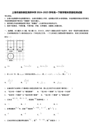 上海市浦东新区高桥中学2024-2025学年高一下数学期末质量检测试题含解析