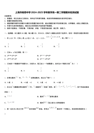 上海市杨思中学2024-2025学年数学高一第二学期期末检测试题含解析