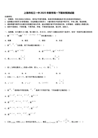 上海市松江一中2025年数学高一下期末预测试题含解析