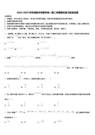 2024-2025学年绵阳中学数学高一第二学期期末复习检测试题含解析