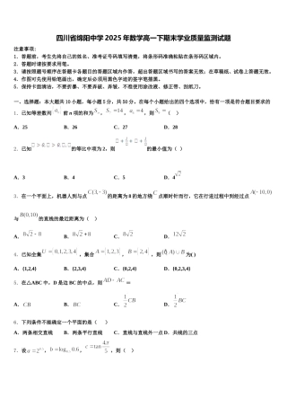 四川省绵阳中学2025年数学高一下期末学业质量监测试题含解析
