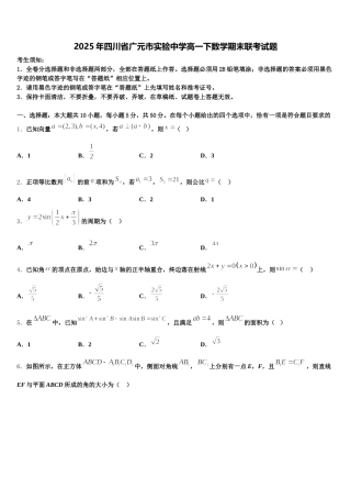 2025年四川省广元市实验中学高一下数学期末联考试题含解析