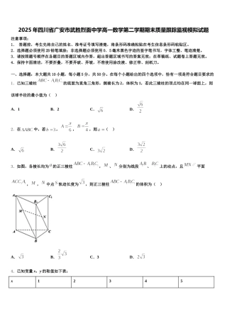 2025年四川省广安市武胜烈面中学高一数学第二学期期末质量跟踪监视模拟试题含解析
