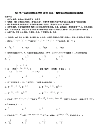 四川省广安市武胜烈面中学2025年高一数学第二学期期末预测试题含解析