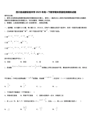 四川省成都实验中学2025年高一下数学期末质量检测模拟试题含解析
