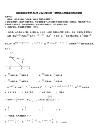 资阳市重点中学2024-2025学年高一数学第二学期期末检测试题含解析