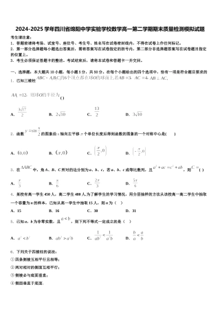 2024-2025学年四川省绵阳中学实验学校数学高一第二学期期末质量检测模拟试题含解析