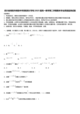 四川省绵阳市绵阳中学资阳育才学校2025届高一数学第二学期期末学业质量监测试题含解析