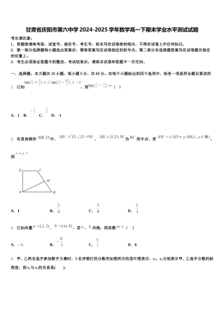 甘肃省庆阳市第六中学2024-2025学年数学高一下期末学业水平测试试题含解析