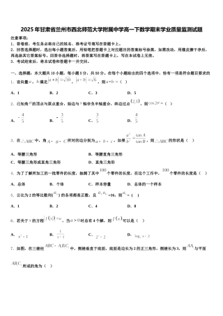 2025年甘肃省兰州市西北师范大学附属中学高一下数学期末学业质量监测试题含解析