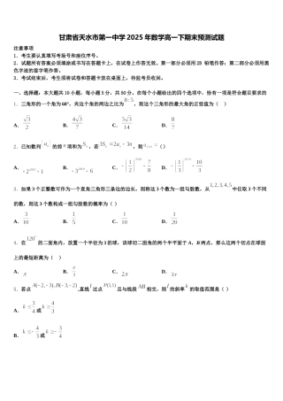 甘肃省天水市第一中学2025年数学高一下期末预测试题含解析