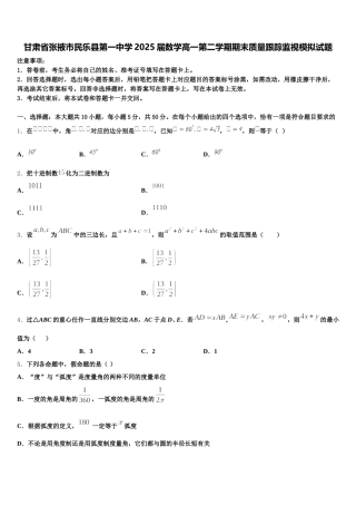 甘肃省张掖市民乐县第一中学2025届数学高一第二学期期末质量跟踪监视模拟试题含解析