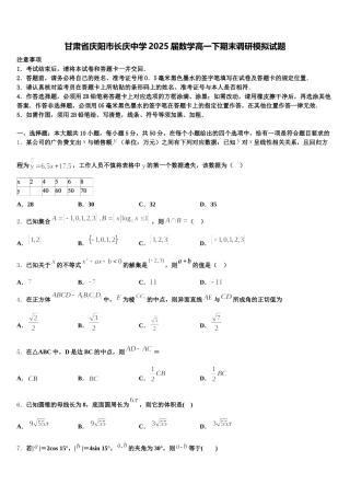 甘肃省庆阳市长庆中学2025届数学高一下期末调研模拟试题含解析