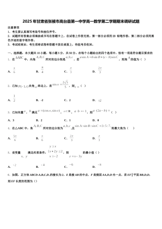 2025年甘肃省张掖市高台县第一中学高一数学第二学期期末调研试题含解析