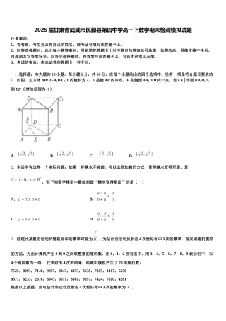 2025届甘肃省武威市民勤县第四中学高一下数学期末检测模拟试题含解析