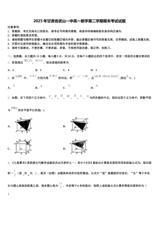 2025年甘肃省武山一中高一数学第二学期期末考试试题含解析