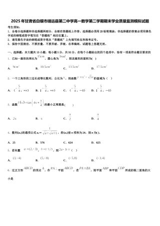 2025年甘肃省白银市靖远县第二中学高一数学第二学期期末学业质量监测模拟试题含解析