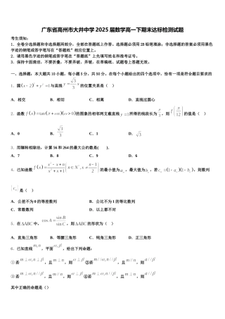 广东省高州市大井中学2025届数学高一下期末达标检测试题含解析