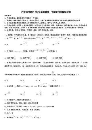 广东省茂名市2025年数学高一下期末检测模拟试题含解析