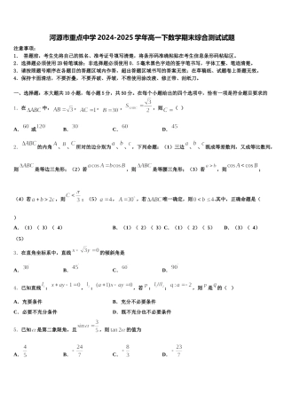 河源市重点中学2024-2025学年高一下数学期末综合测试试题含解析