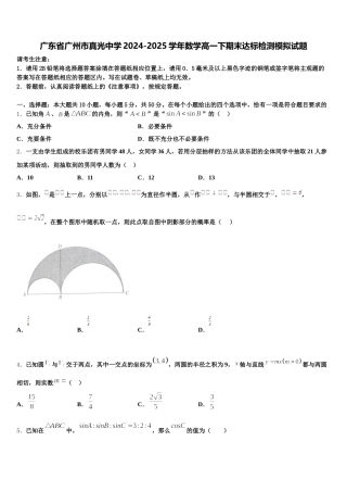广东省广州市真光中学2024-2025学年数学高一下期末达标检测模拟试题含解析